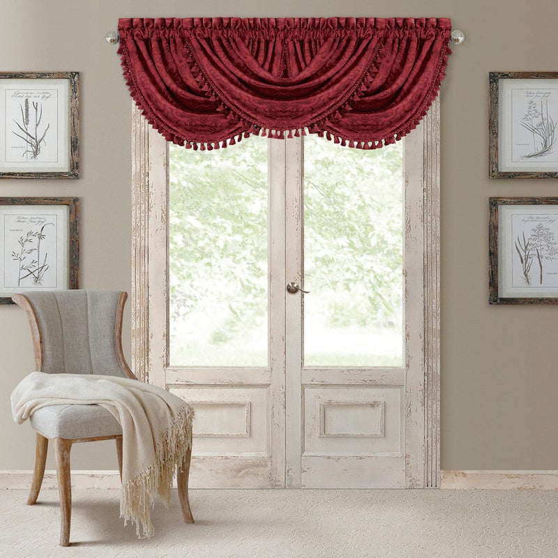 Elrene Home Fashions Antonia Floral Damask Waterfall Window Valance with Tassels, 52"x36", Rouge - Image 1